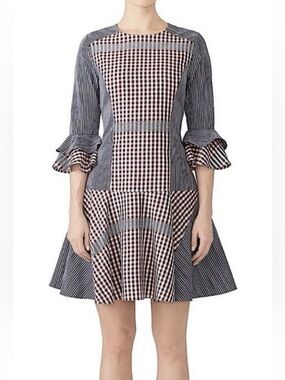 Badgley Mischka Mixed Plaid Ruffle Stripe Dress